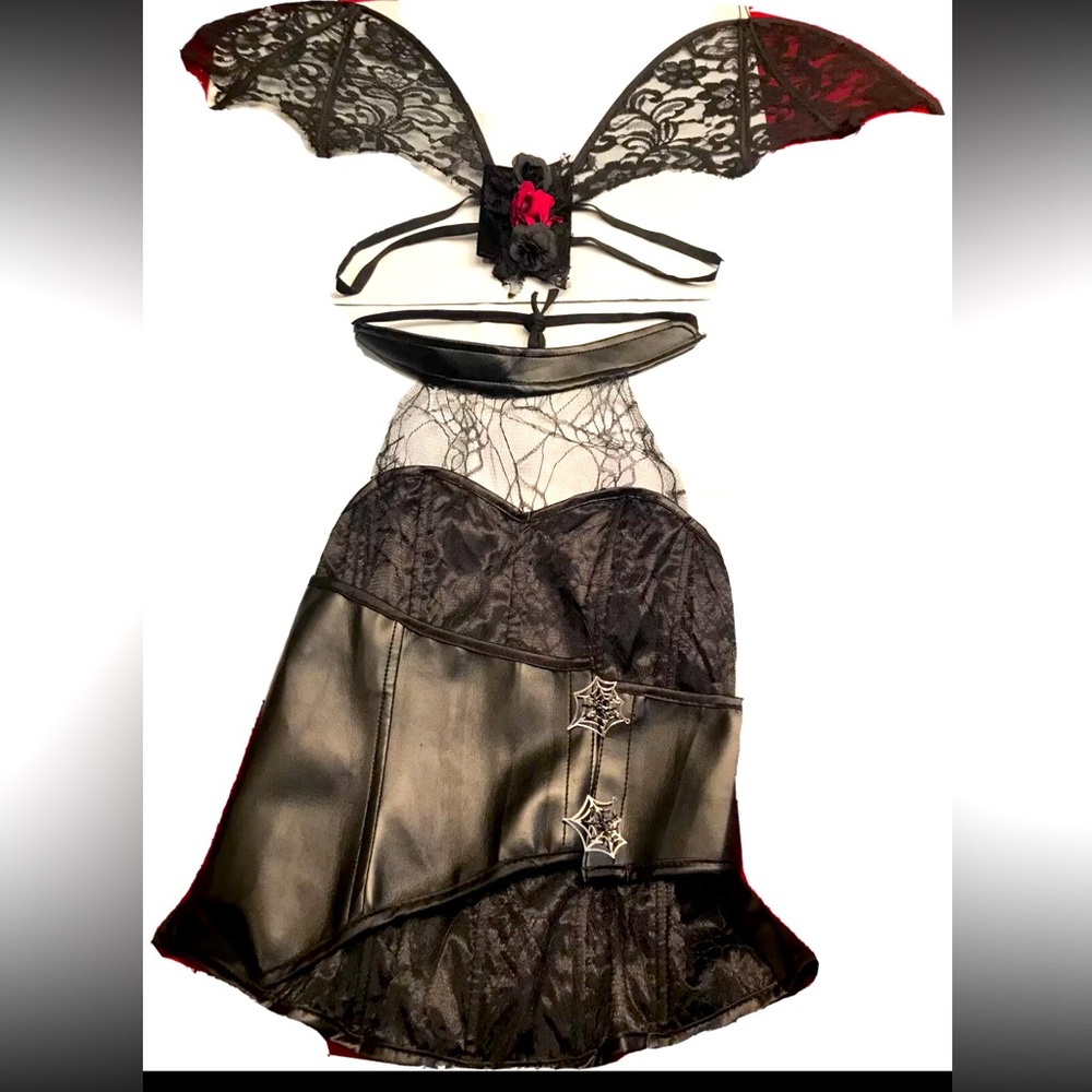 WINGS black lace Corset SET Spider Web witch Gothic dark ANGEL temptress women S